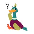 Funny Dabbling Duck Character Sit with Question Mark Vector Illustration