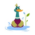 Funny Dabbling Duck Character Sitting in Pond Vector Illustration