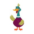 Funny Dabbling Duck Character Stand and Waving Wing Vector Illustration