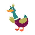Funny Dabbling Duck Character Stand and Waving Wing Vector Illustration