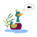 Funny Dabbling Duck Character Swim in Pond Dream of Fish Vector Illustration