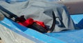 Funny dachshund dog in tricorn hat and red privateer costume jumps into the boat, and starts digging under the tarpaulin