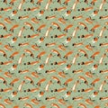 Funny dachshunds playing with insects seamless pattern.