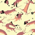 Funny dachshunds playing with insects seamless pattern.