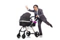 The funny dad with baby and pram on white Royalty Free Stock Photo