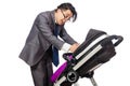 The funny dad with baby and pram on white Royalty Free Stock Photo