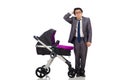 The funny dad with baby and pram on white Royalty Free Stock Photo