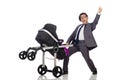 The funny dad with baby and pram on white Royalty Free Stock Photo