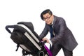 The funny dad with baby and pram on white Royalty Free Stock Photo