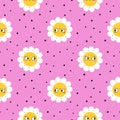 Funny daisy flowers seamless pattern. Cute chamomiles. Smiling faces. Repeated floral elements. Pink girly botanical