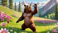 Funny dancing bear standing posture flowers meadow garden