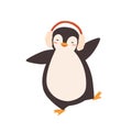 Funny dancing cartoon penguin in earmuffs vector flat illustration. Adorable happy polar animal moving in warm accessory Royalty Free Stock Photo