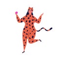 Funny dancing female character in halloween animal jumpsuit. Cat woman wearing carnival leopard costume at fancy dress