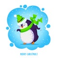 Funny dancing penguin in an elven hat and green scarf. Merry Christmas greetings. Vector illustration in cartoon style