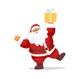 Funny dancing Santa Claus holding a gift. Flat cartoon character, Saint Nicholas. Merry Christmas and Happy New Year Royalty Free Stock Photo