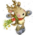 Funny deer Santa Claus. watercolor illustration