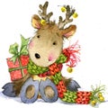 Funny deer Santa Claus. watercolor illustration