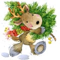 Funny deer Santa Claus. watercolor illustration