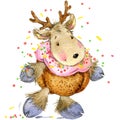 Funny deer Santa Claus. watercolor illustration