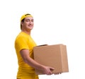 Funny delivery boy with box isolated on white