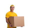 Funny delivery boy with box isolated on white