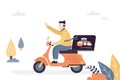 Funny delivery man ride motorbike. Courier dressed as samurai. Fast delivery concept background. Internet order of sushi