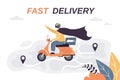 Funny delivery man ride motorbike. Courier dressed as a superhero. Fast delivery concept background
