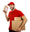 Funny delivery service man with boxes isolated on white