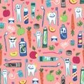 Funny dental health repeat pattern with tooth characters