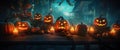 candle halloween horror background mystery night evil fear table blue pumpkin. Generative AI. Royalty Free Stock Photo