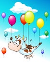 Funny design with flying cow with balloons on blue sky with clouds Royalty Free Stock Photo