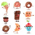 Funny dessert characters set, cute smiley sweets cartoon vector Illustrations