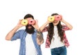 Funny dessert glasses. Father and small girl child smiling with donut dessert on eyes. Bearded man and little daughter