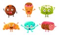 Funny Desserts Cartoon Characters Set, Croissant, Cupcake, Roll Cake, Jelly, Cookie, Ice Cream Vector Illustration Royalty Free Stock Photo