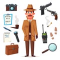 Funny detective character. Cartoon vector illustration