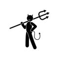 Funny devil caricature, horned demon icon with trident, stick figure pictogram isolated, stickman