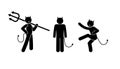 Funny devil caricature, horned demon icon with trident, stick figure pictogram isolated, stickman