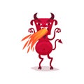 Funny devil with horns and tail breathing out hot flame, red demon cartoon character vector Illustration Royalty Free Stock Photo