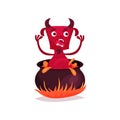 Funny devil with horns and tail in infernal cauldron, red demon cartoon character vector Illustration