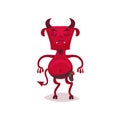 Funny devil with horns and tail standing closed eyes, red demon cartoon character vector Illustration