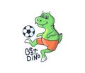 The funny dino boy playing soccer. Cartoonish sport dinosaur Royalty Free Stock Photo