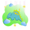 Funny dino print in the style of felt toys for the nursery. Vector illustration of a dinosaur, moon, stars, clouds