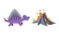 Funny Dinosaur as Cute Prehistoric Creature and Comic Jurassic Predator and Volcano Eruption Vector Set