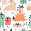 Funny dinosaur and gift: cute seamless pattern