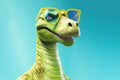 Funny dinosaur with glasses on blue background. 3d illustration