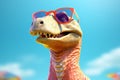 Funny dinosaur with glasses on blue sky background. 3d illustration