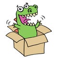 Funny dinosaur jumped out of the box. Vector illustration.