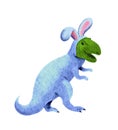 Funny dinosaur in rabbit costume cartoon illustration. Fun humor t rex in hare dress. New year , or Easter watercolor