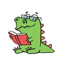 Funny dinosaur sits and reads a book. Vector illustration.
