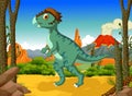 Funny Dinosaur Stegoceras cartoon with volcano landscape background